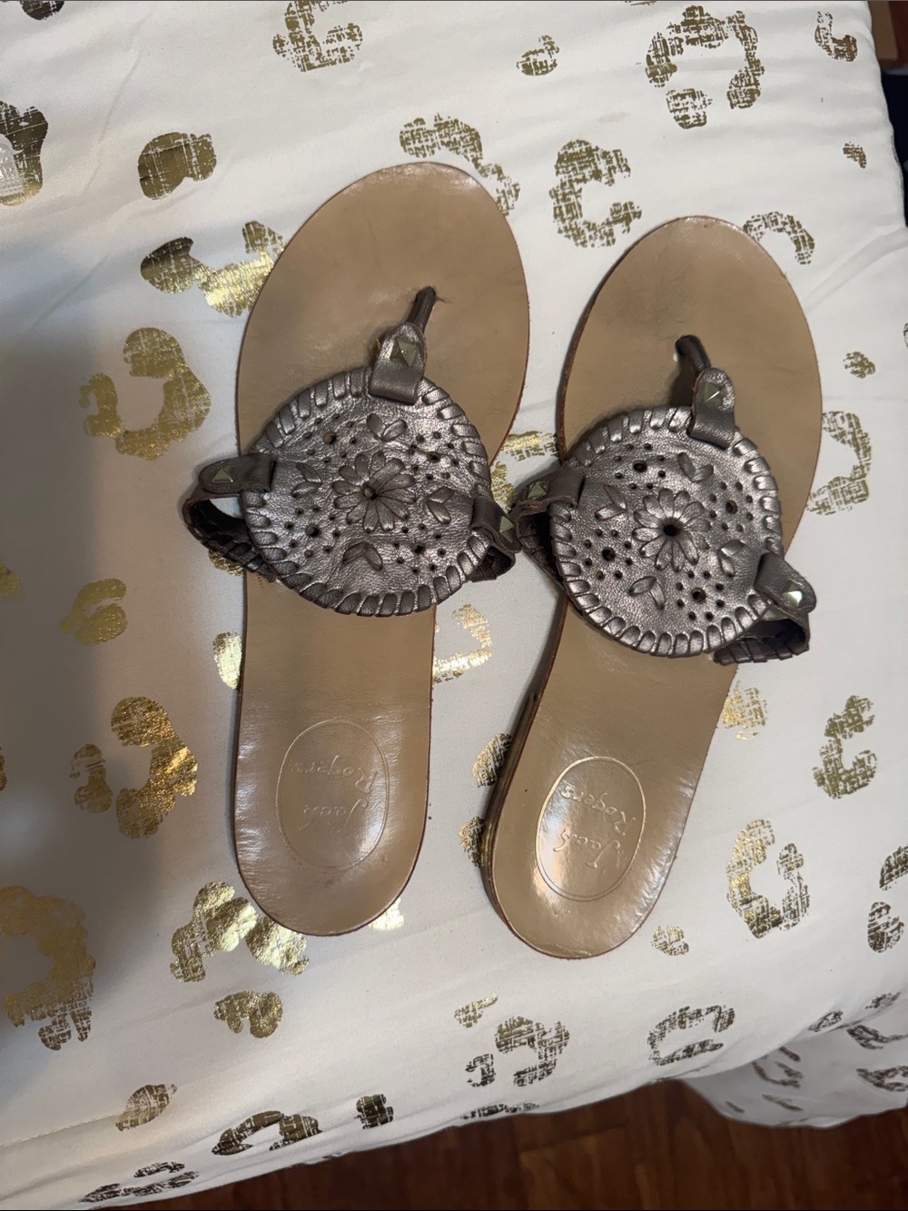Jack Rogers Metallic Pewter Leather Thong Sandals